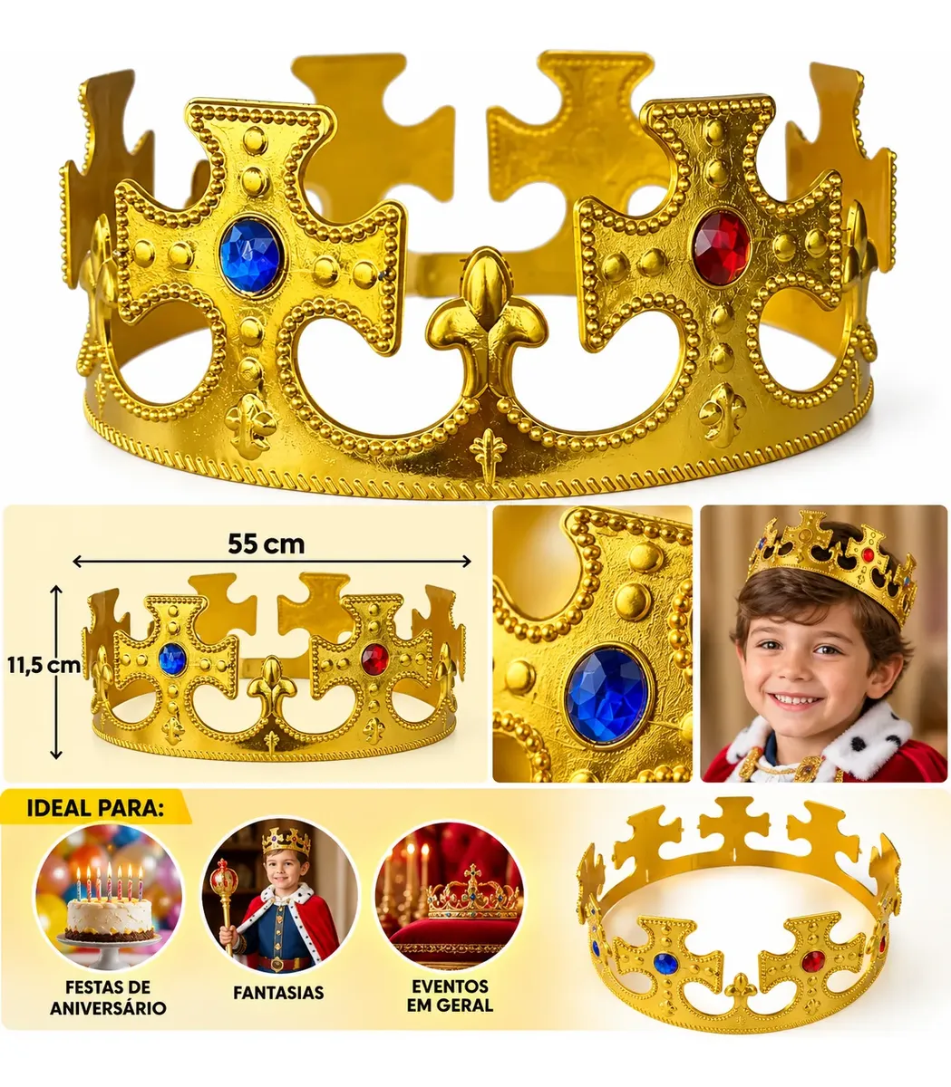 Coroa Rei Principe Dourada Prata Regulável Festa Fantasia